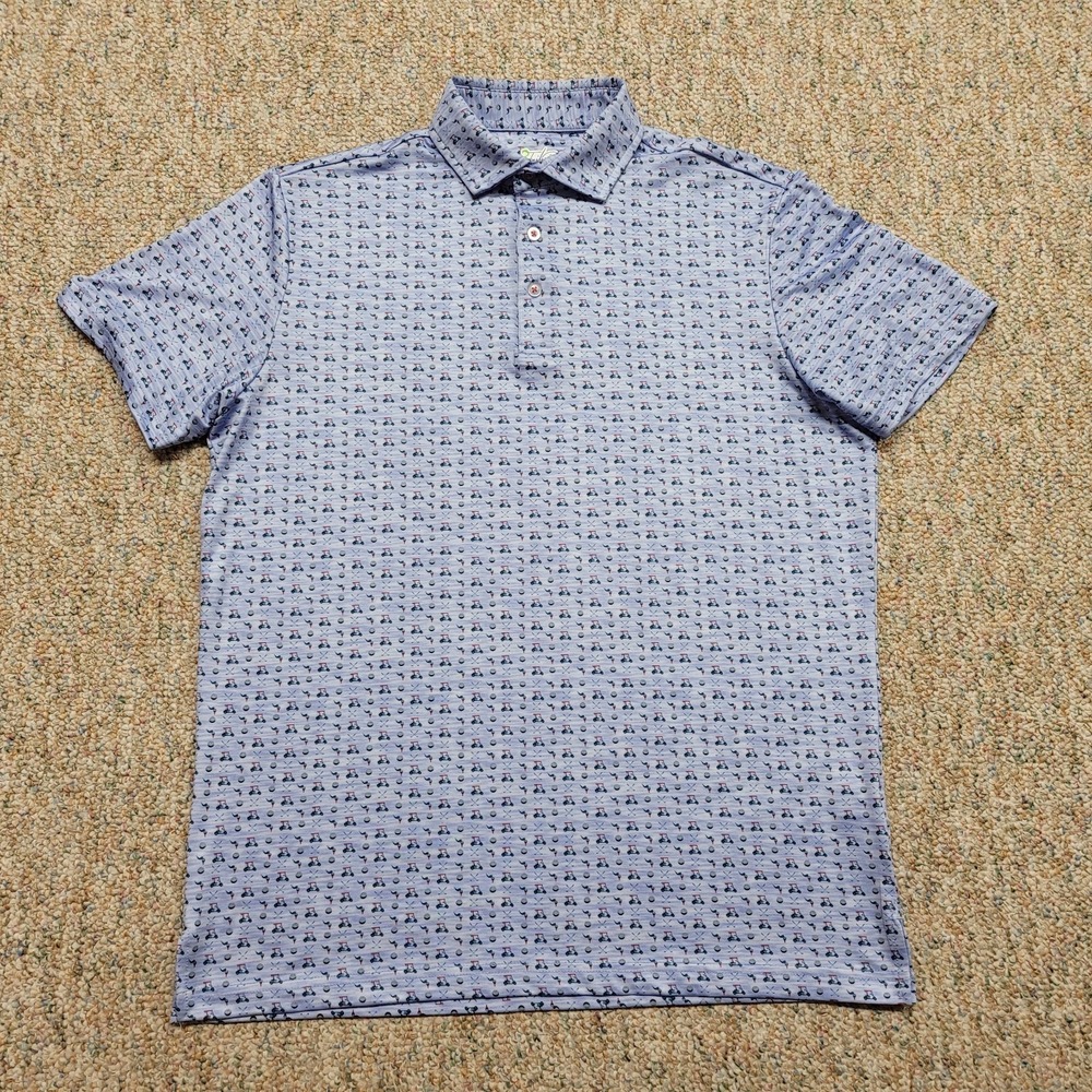 Tailor Byrd Polo Shirt Mens Medium‎ Blue All Over Print Golf Performance Stretch